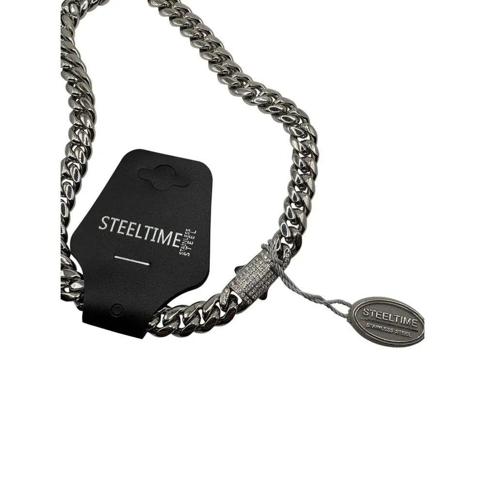 STEELTIME Thick Cuban Link Chain with Simulated Diamonds Clasp Necklace NWT